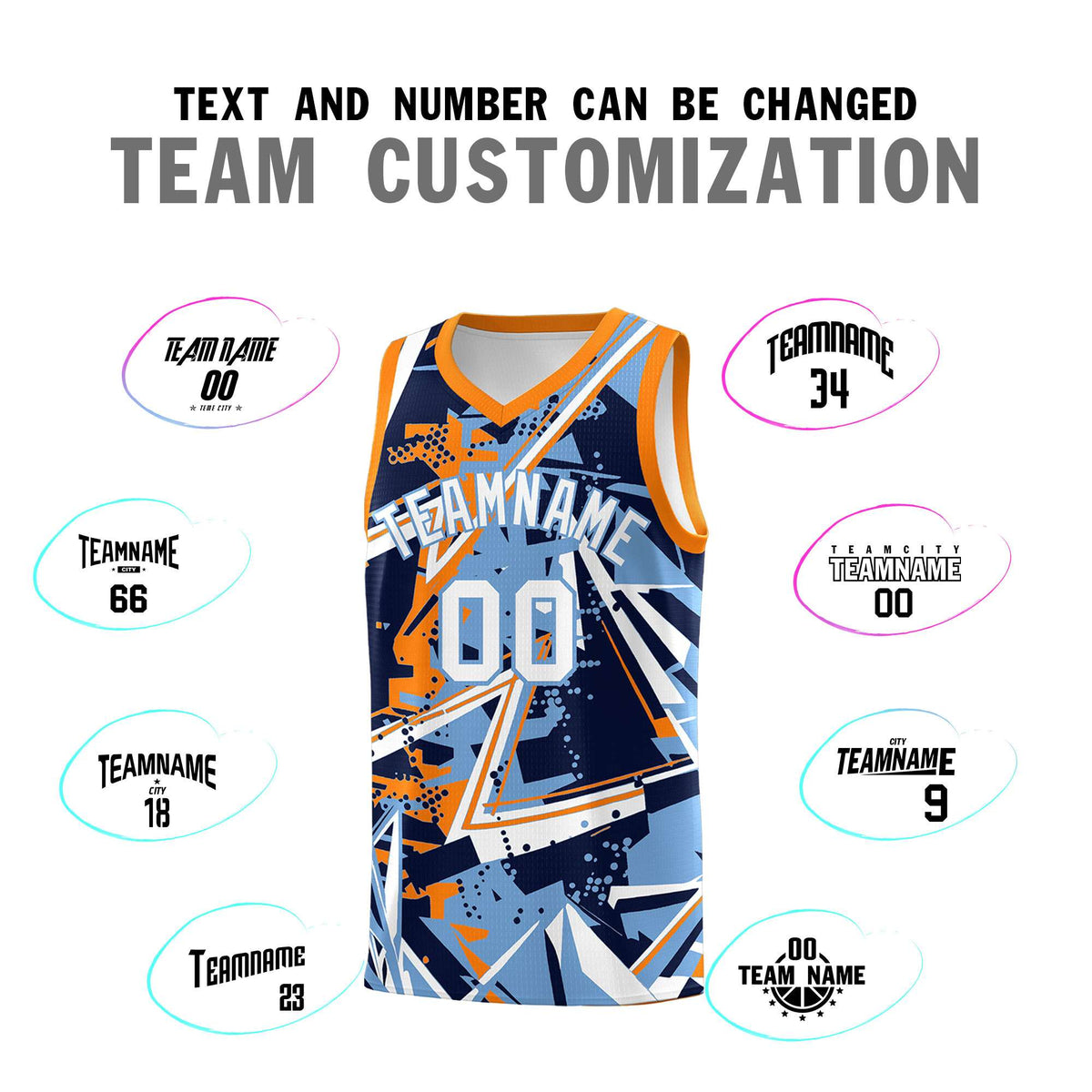 Custom Youth Basketball Jerseys Powder Blue Orange Abstract Graffiti Personalized Team Name & Number