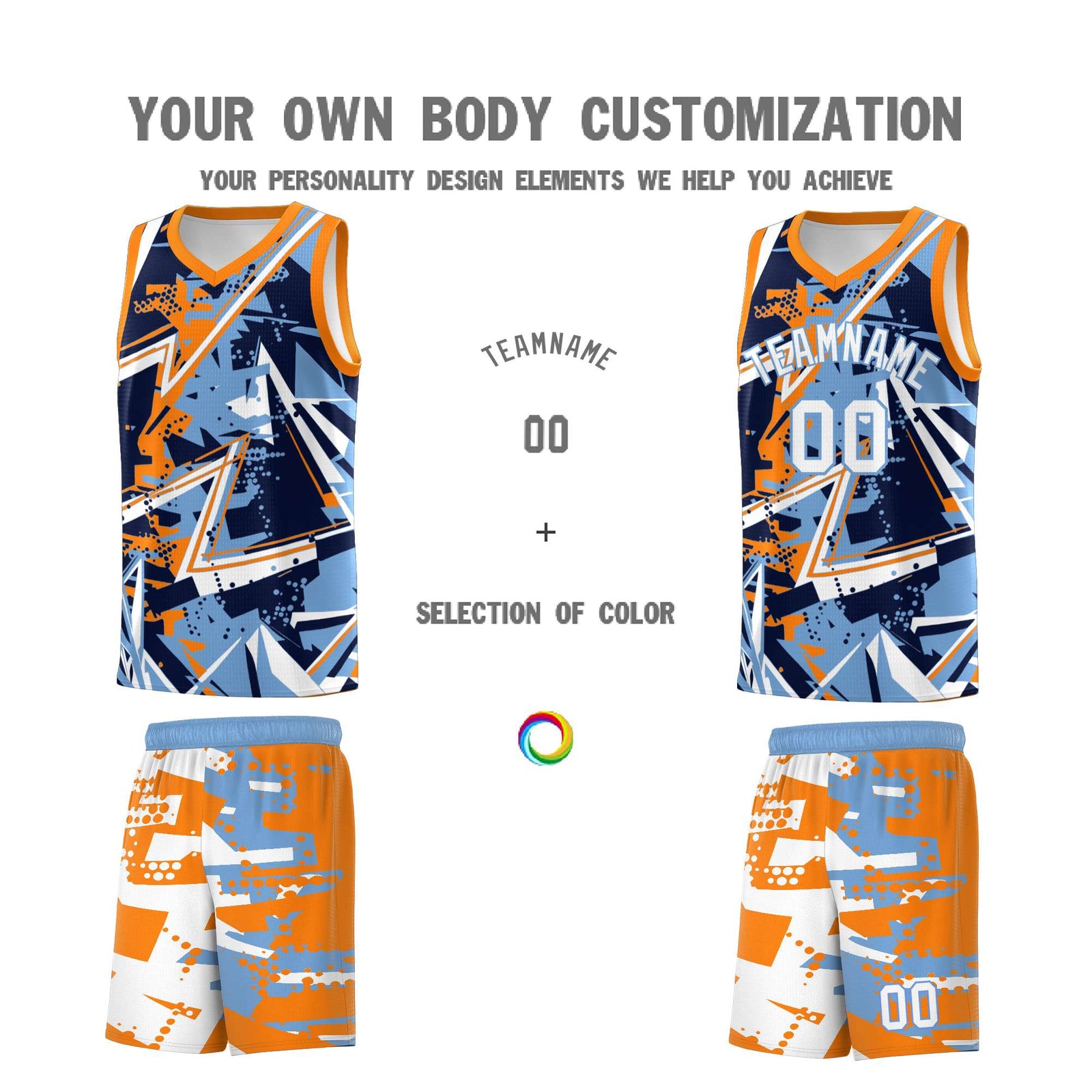 Custom Youth Basketball Jerseys Powder Blue Orange Abstract Graffiti Personalized Team Name & Number