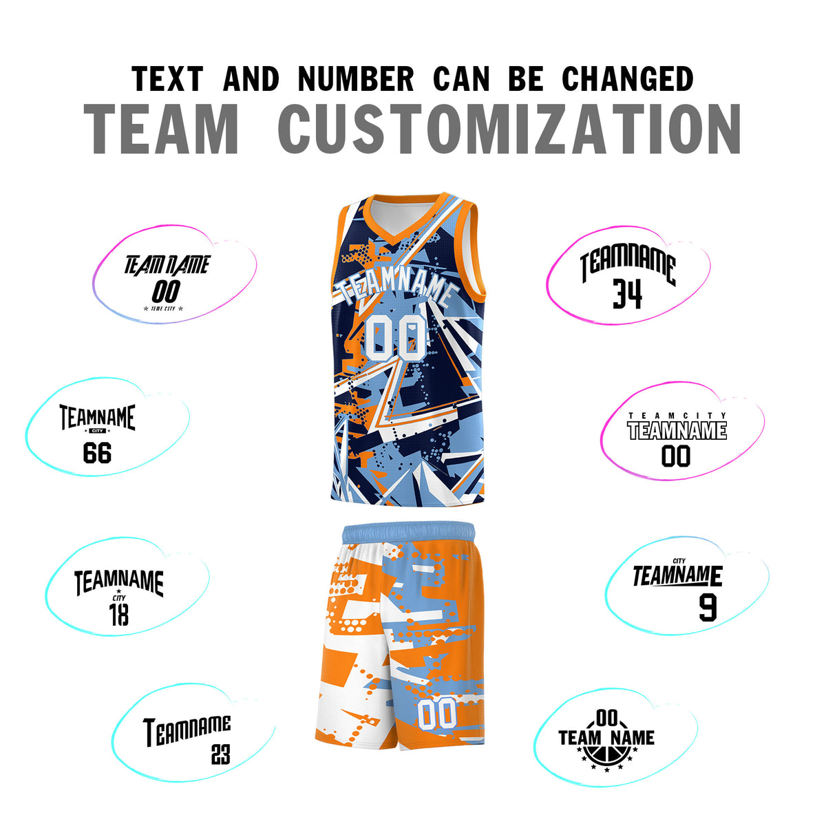 Custom Youth Basketball Jerseys Powder Blue Orange Abstract Graffiti Personalized Team Name & Number