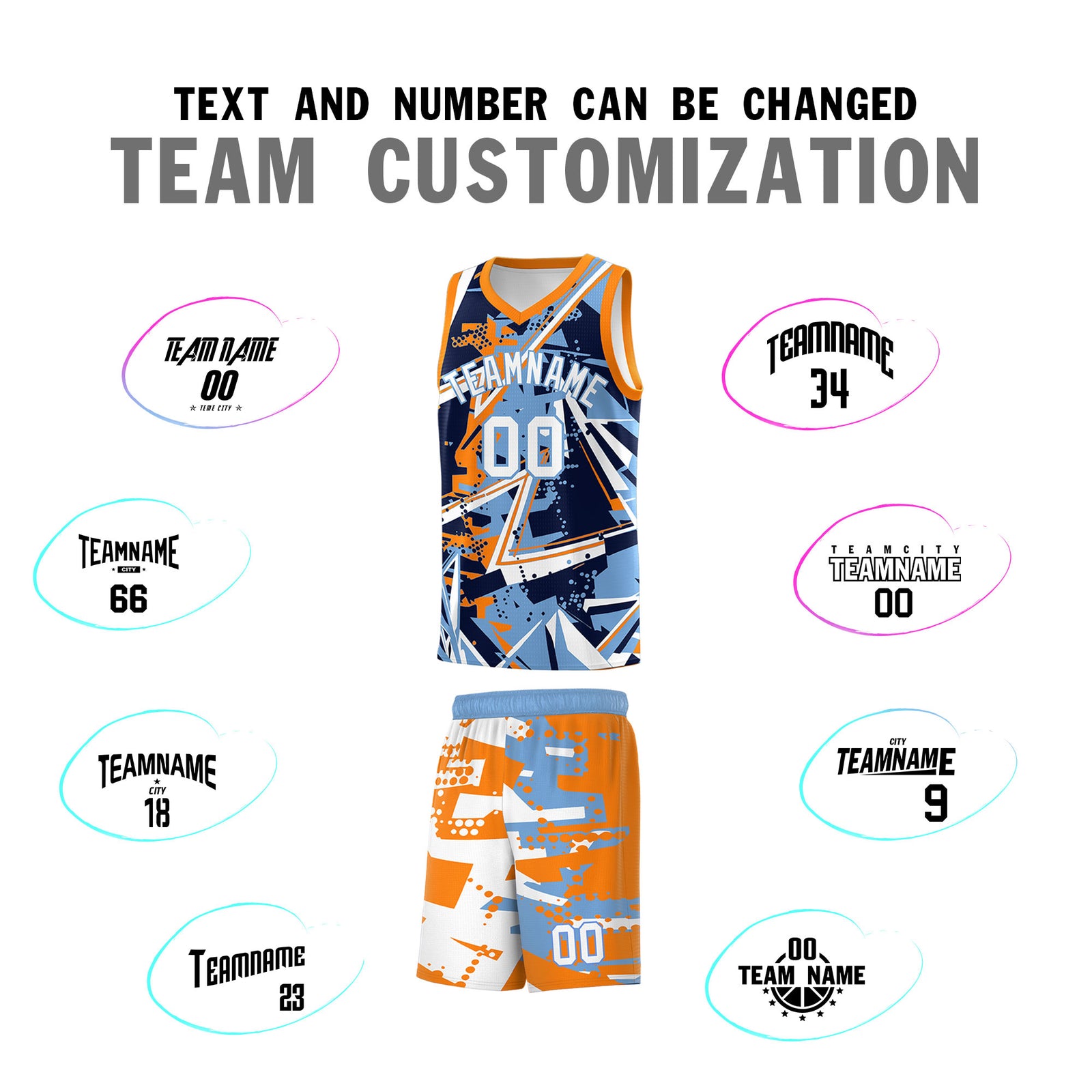 Custom Youth Basketball Jerseys Powder Blue Orange Abstract Graffiti Personalized Team Name & Number