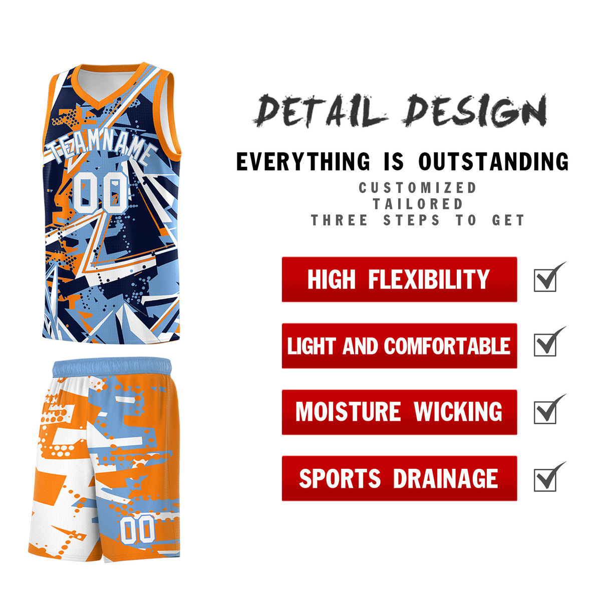 Custom Youth Basketball Jerseys Powder Blue Orange Abstract Graffiti Personalized Team Name & Number