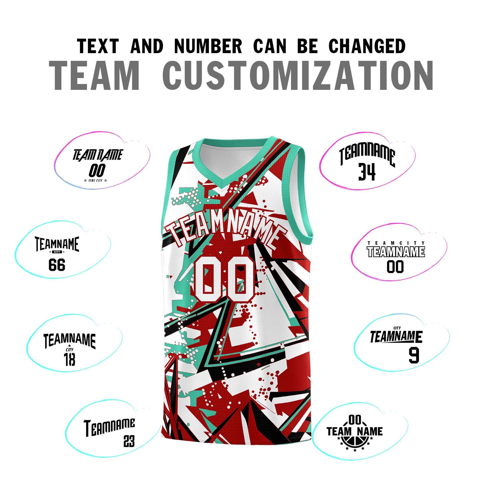 Custom Youth Basketball Jerseys Red Bright Green Abstract Graffiti Personalized Team Name & Number