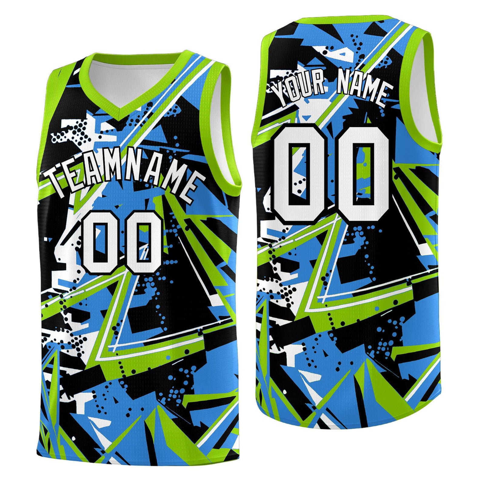 Custom Youth Basketball Jerseys Light Blue Neon Green Abstract Graffiti Personalized Street Style Uniform