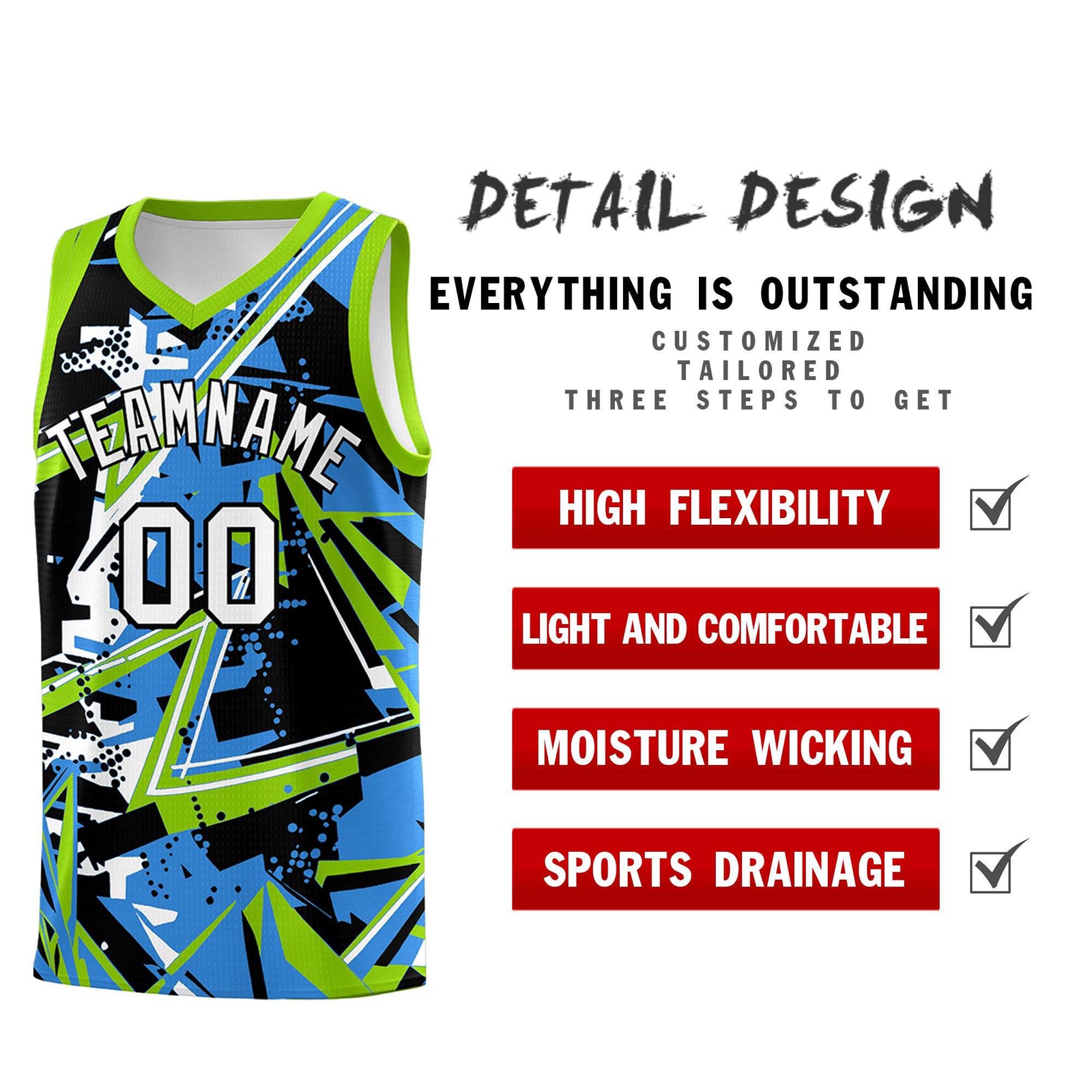 Custom Youth Basketball Jerseys Light Blue Neon Green Abstract Graffiti Personalized Street Style Uniform
