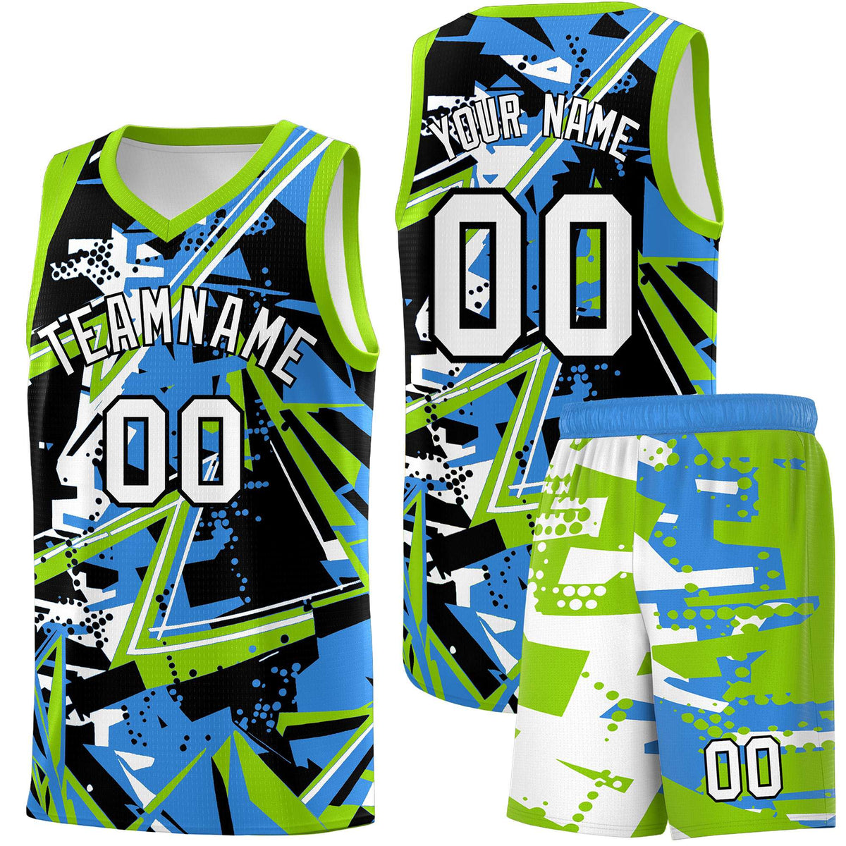 Custom Youth Basketball Jerseys Light Blue Neon Green Abstract Graffiti Personalized Street Style Uniform