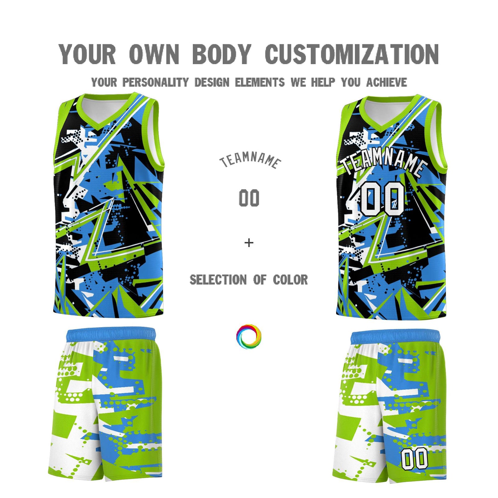 Custom Youth Basketball Jerseys Light Blue Neon Green Abstract Graffiti Personalized Street Style Uniform