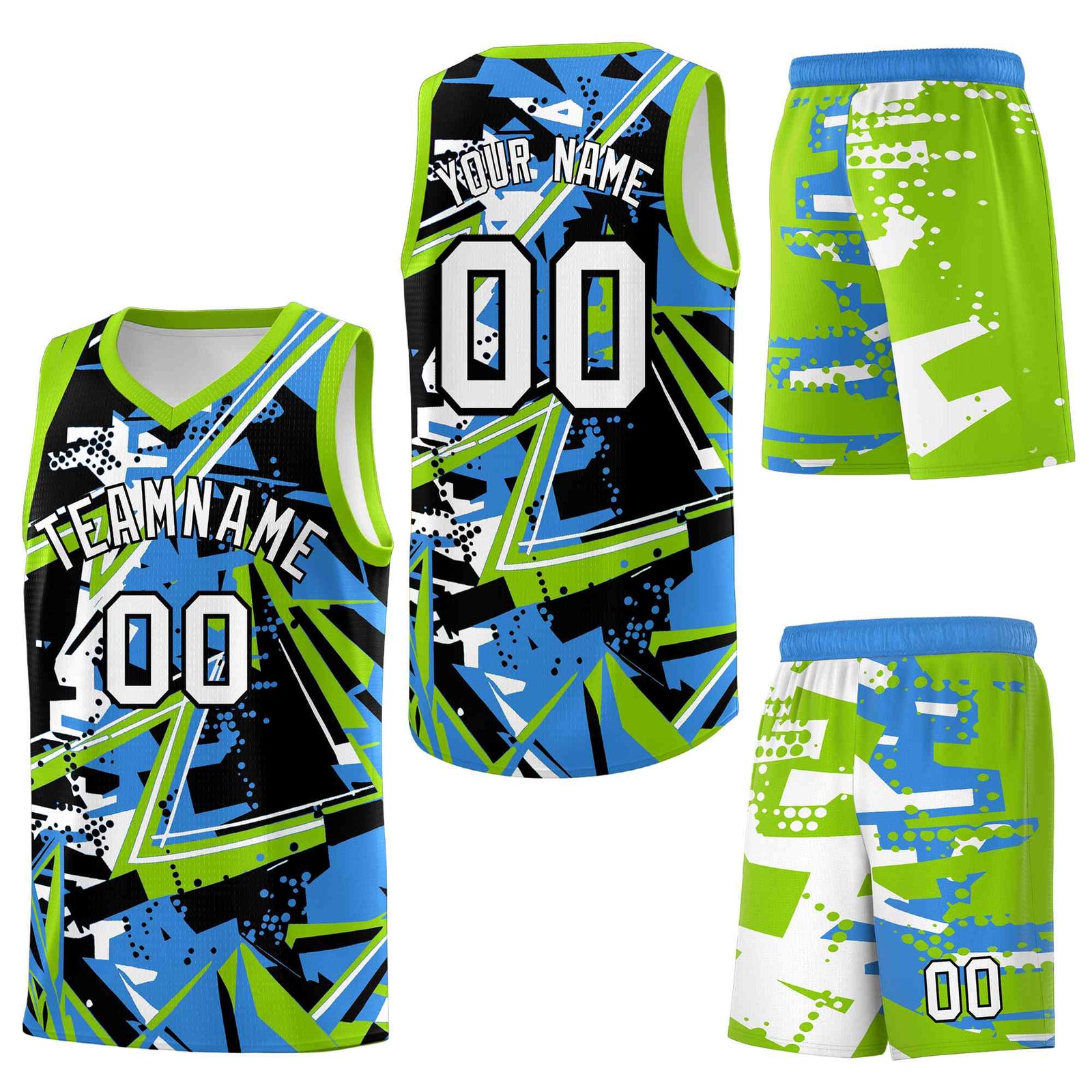 Custom Youth Basketball Jerseys Light Blue Neon Green Abstract Graffiti Personalized Street Style Uniform
