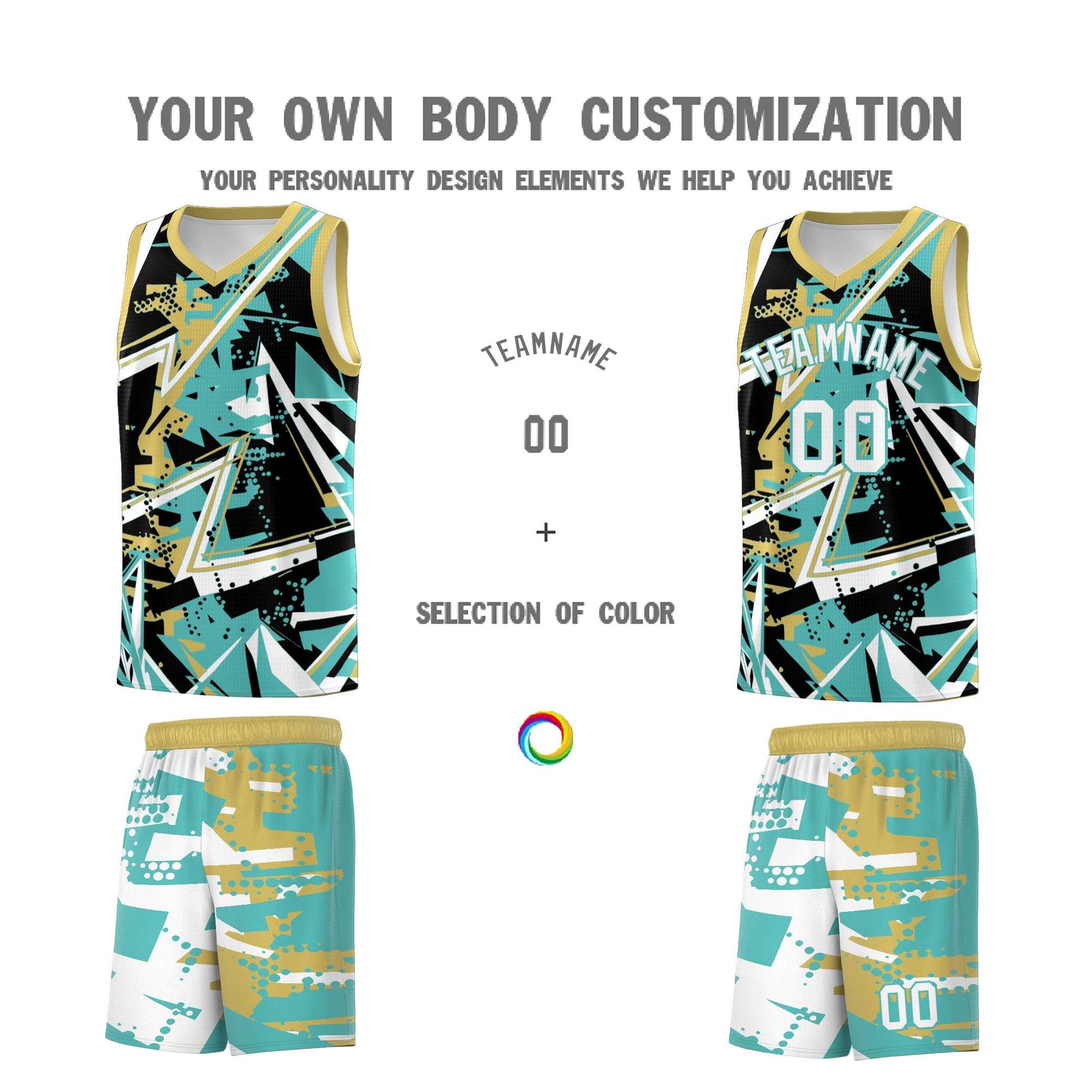 Custom Youth Basketball Jerseys Teal Old Gold Abstract Graffiti Personalized Street Style Uniform