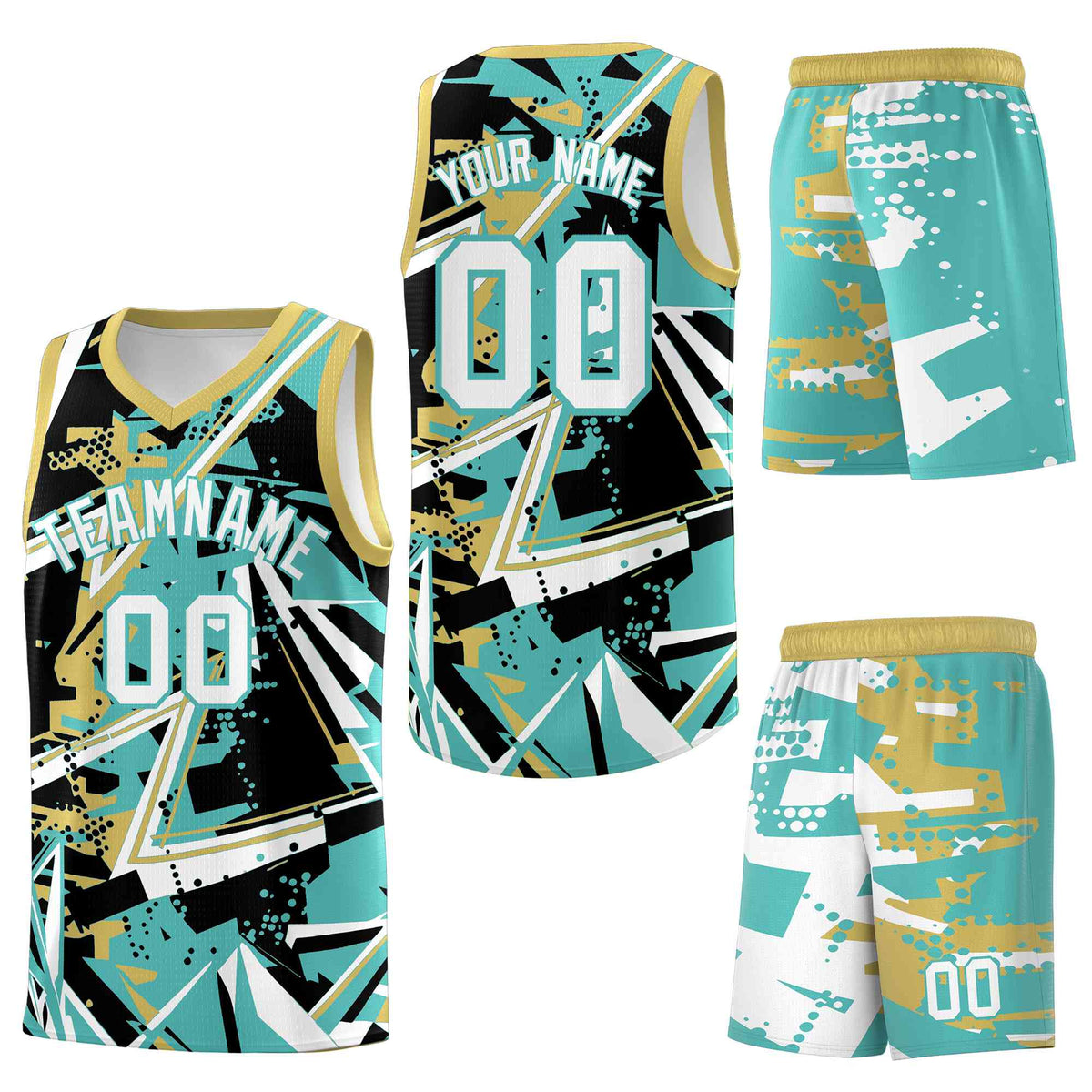 Custom Youth Basketball Jerseys Teal Old Gold Abstract Graffiti Personalized Street Style Uniform