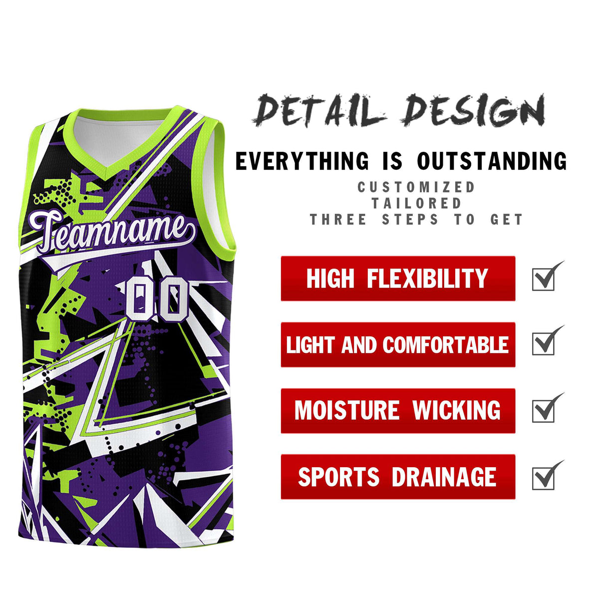 Custom Youth Basketball Jerseys Purple Neon Green Abstract Graffiti Personalized Team Name & Number