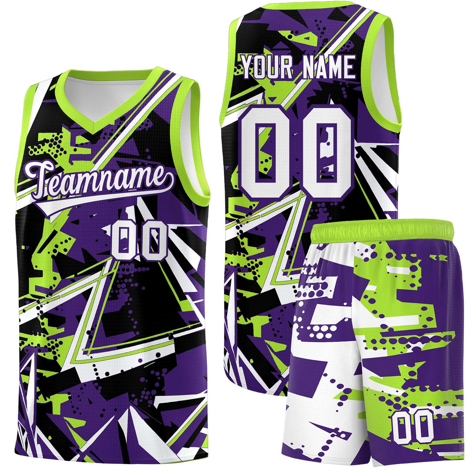 Custom Youth Basketball Jerseys Purple Neon Green Abstract Graffiti Personalized Team Name & Number