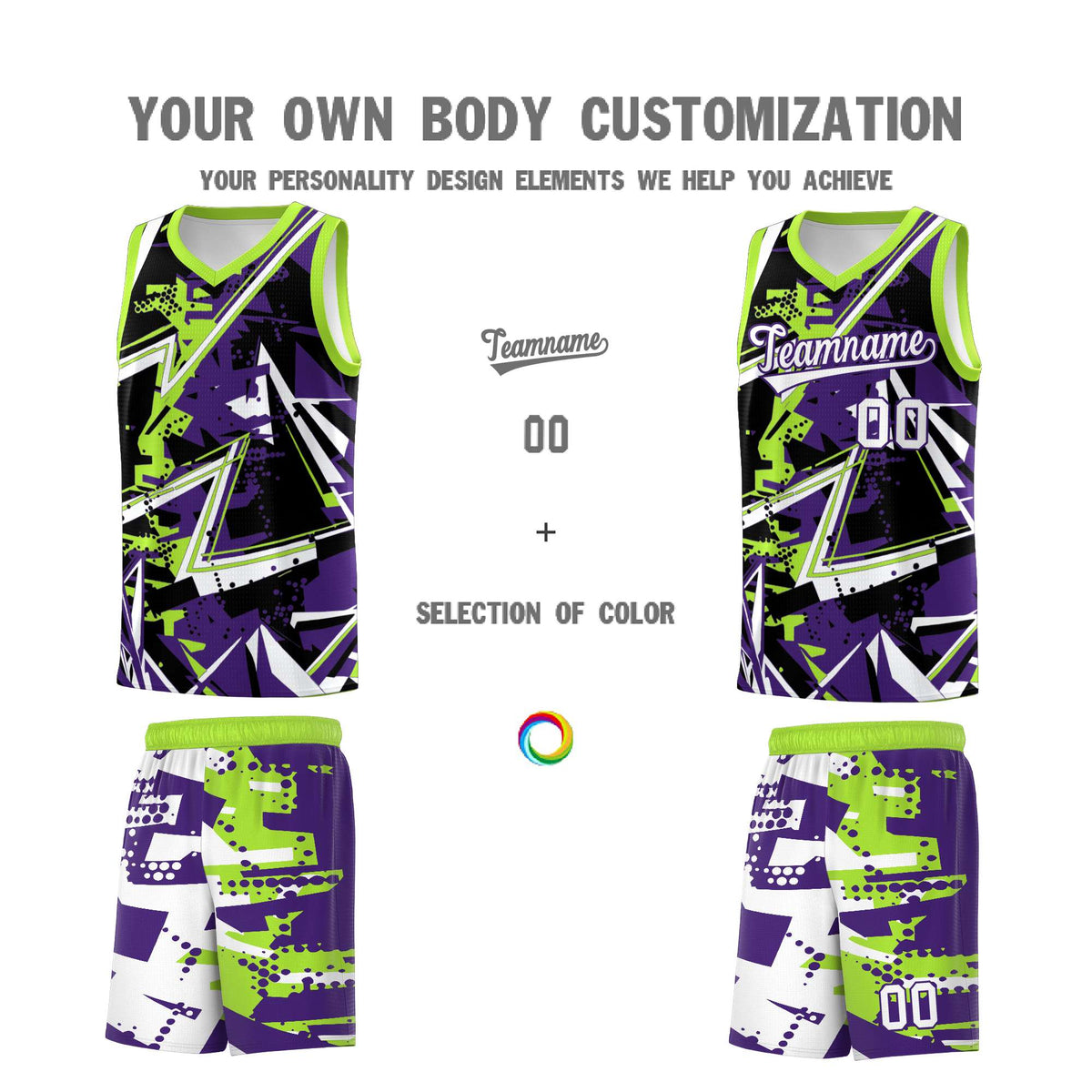 Custom Youth Basketball Jerseys Purple Neon Green Abstract Graffiti Personalized Team Name & Number