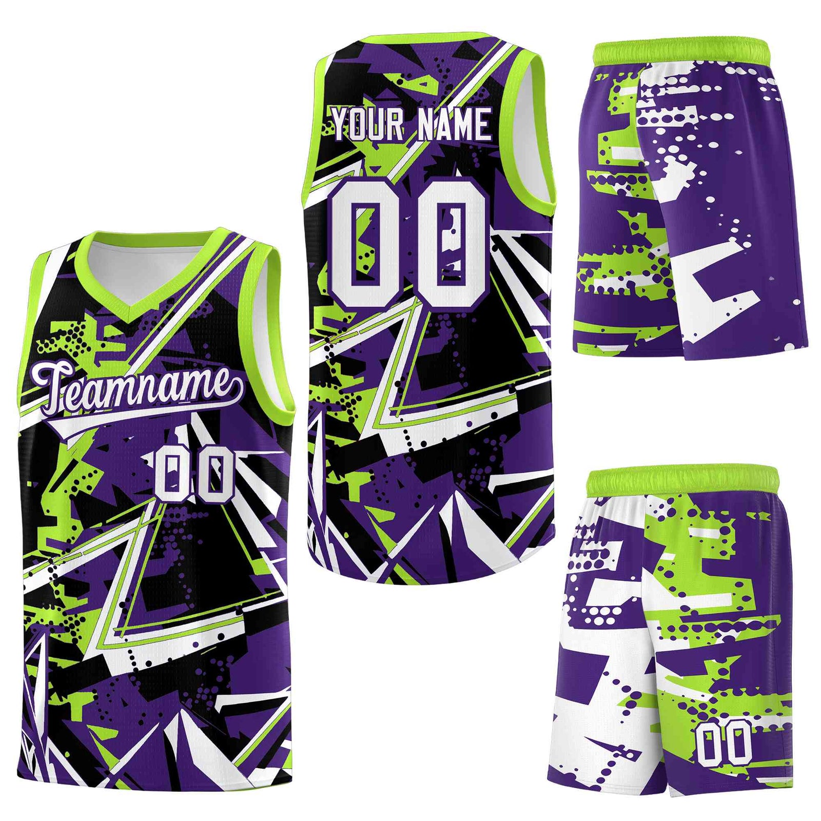 Custom Youth Basketball Jerseys Purple Neon Green Abstract Graffiti Personalized Team Name & Number