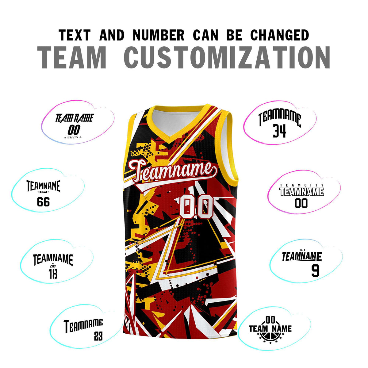 Custom Youth Basketball Jerseys Red Yellow Abstract Graffiti Personalized Street Style Uniform