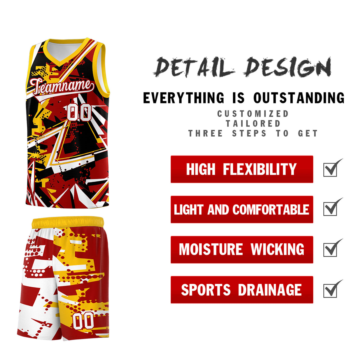 Custom Youth Basketball Jerseys Red Yellow Abstract Graffiti Personalized Street Style Uniform