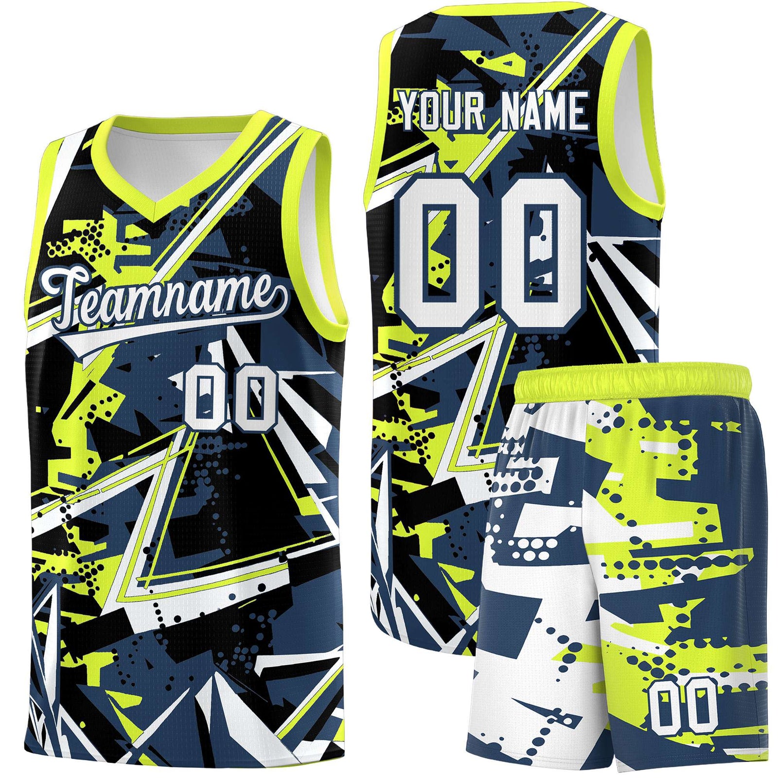 Custom Youth Basketball Jerseys Midnight Blue Fluorescent Green Abstract Graffiti Urban Style Personalized Uniform