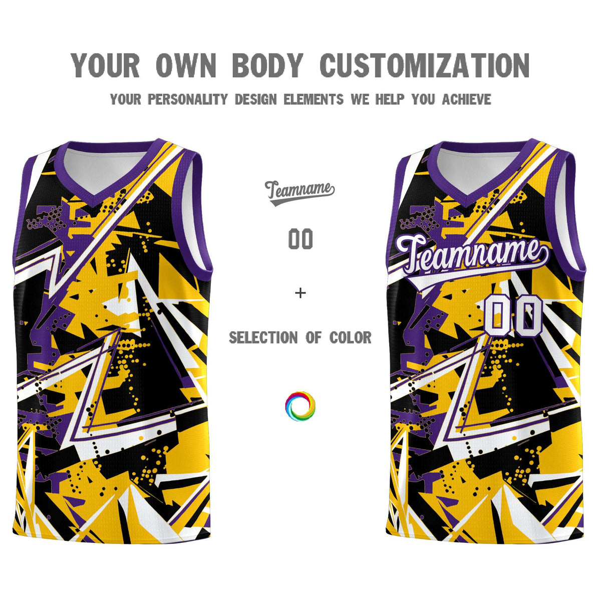 Custom Youth Basketball Jerseys Yellow Purple Abstract Graffiti Personalized Team Name & Number