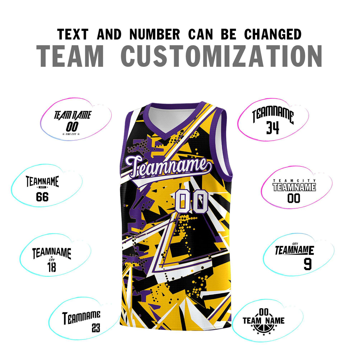 Custom Youth Basketball Jerseys Yellow Purple Abstract Graffiti Personalized Team Name & Number