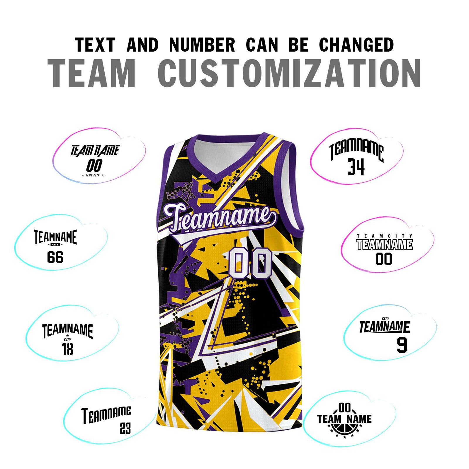 Custom Youth Basketball Jerseys Yellow Purple Abstract Graffiti Personalized Team Name & Number