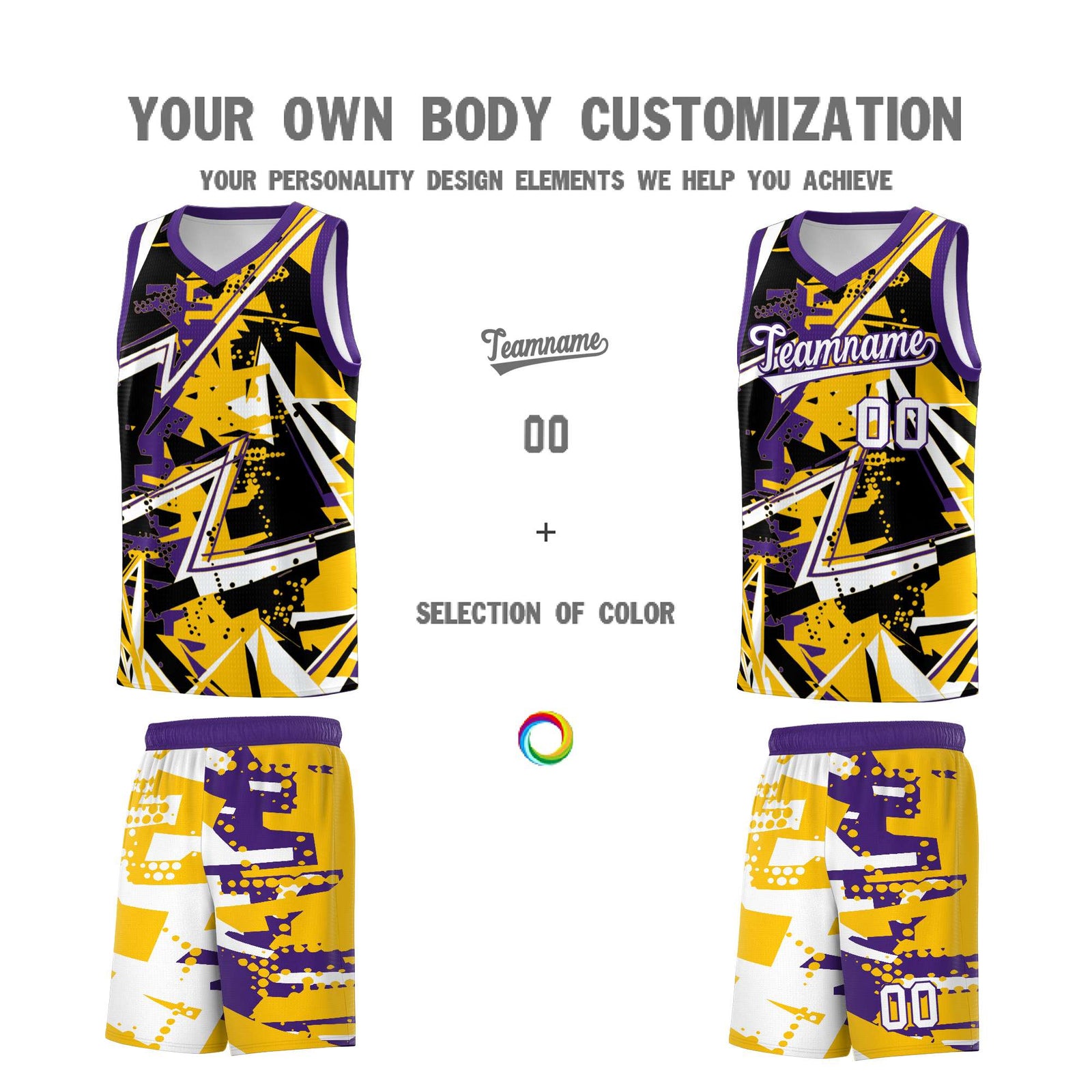 Custom Youth Basketball Jerseys Yellow Purple Abstract Graffiti Personalized Team Name & Number