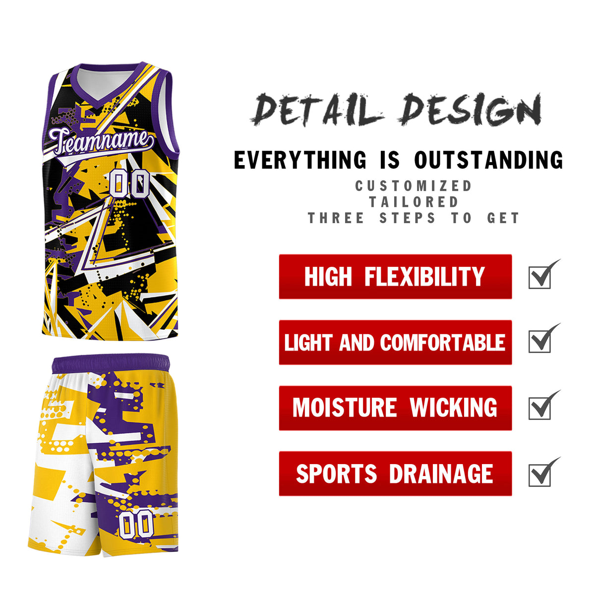 Custom Youth Basketball Jerseys Yellow Purple Abstract Graffiti Personalized Team Name & Number