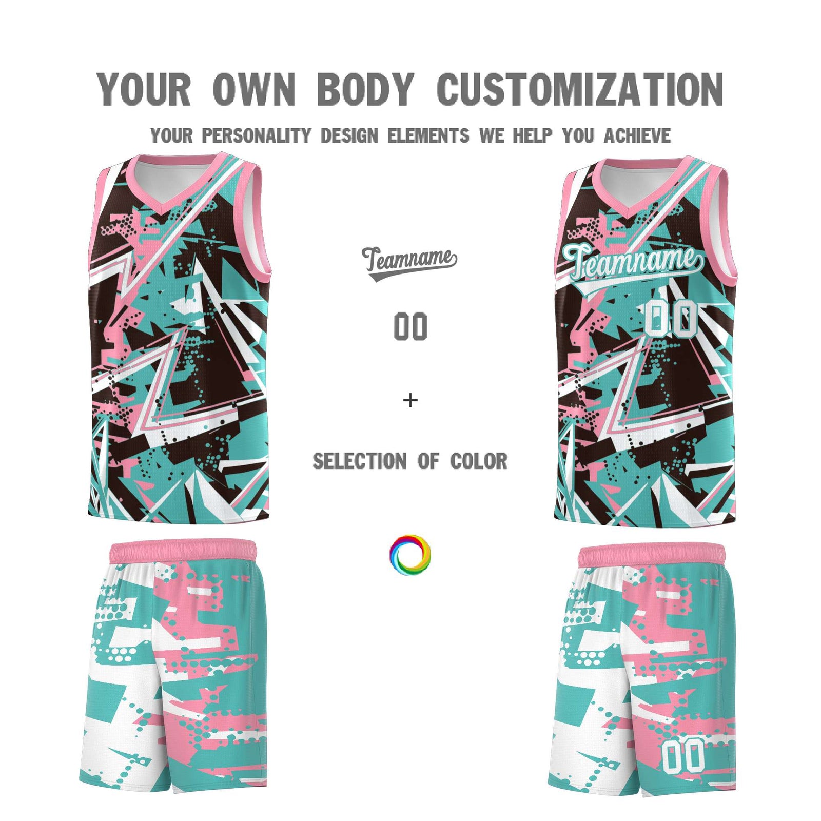 Custom Youth Basketball Jerseys Teal Pink Abstract Graffiti Urban Style Personalized Uniform