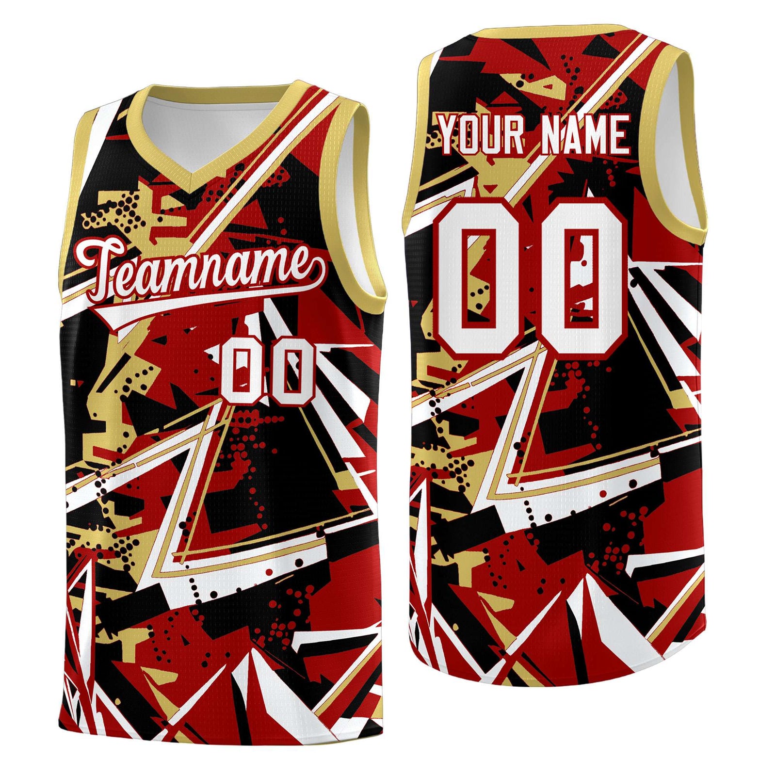 Custom Youth Basketball Jerseys Red Old Gold Abstract Graffiti Personalized Team Name & Number