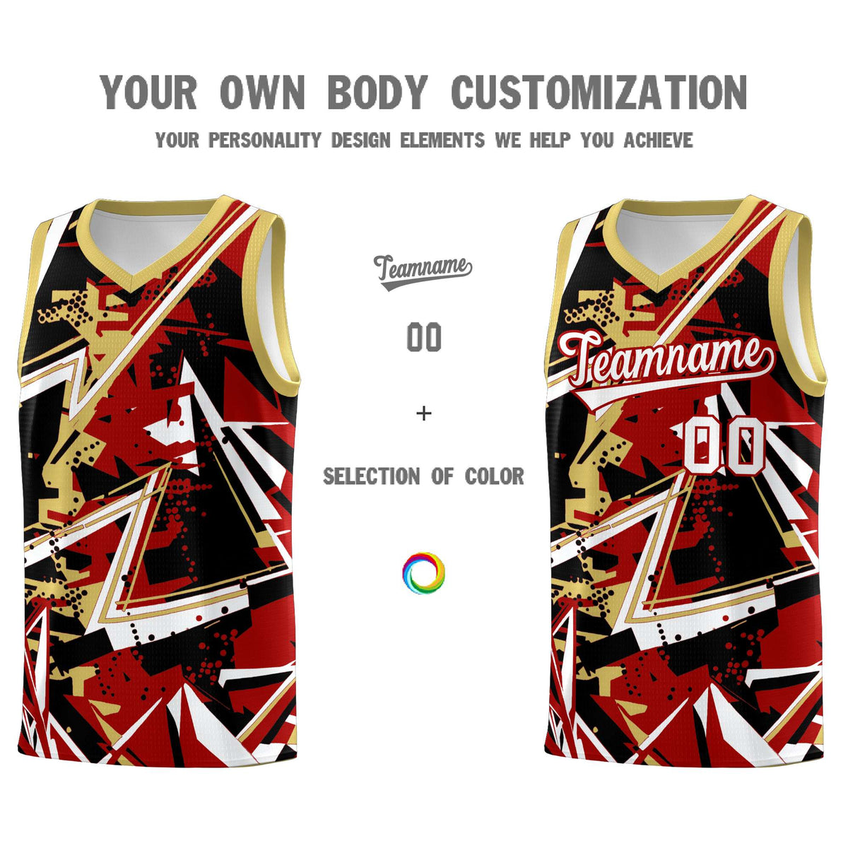 Custom Youth Basketball Jerseys Red Old Gold Abstract Graffiti Personalized Team Name & Number
