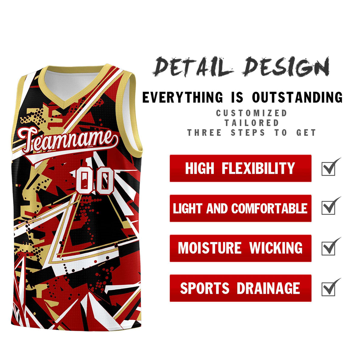 Custom Youth Basketball Jerseys Red Old Gold Abstract Graffiti Personalized Team Name & Number