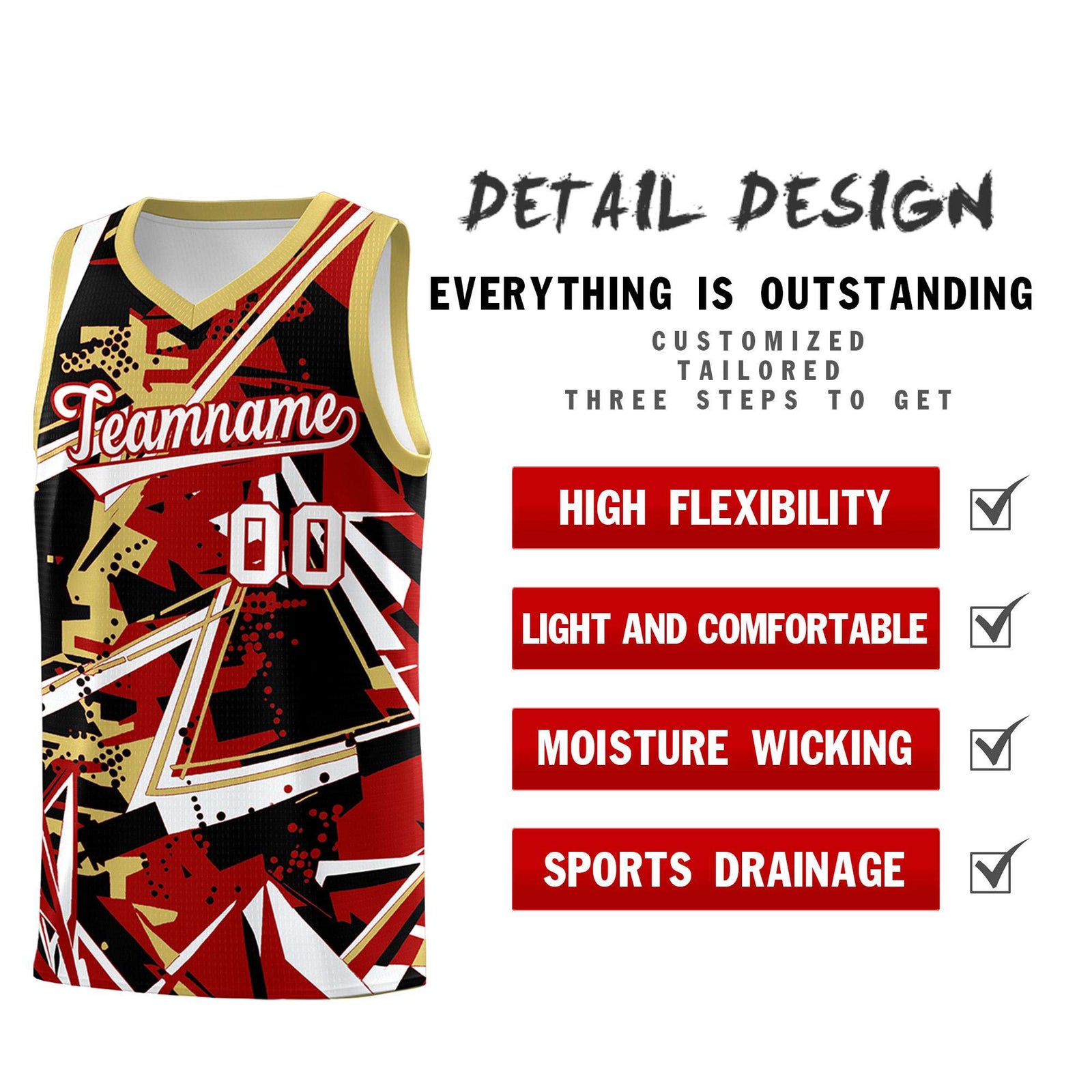 Custom Youth Basketball Jerseys Red Old Gold Abstract Graffiti Personalized Team Name & Number