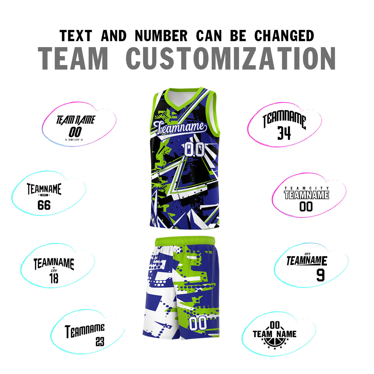 Custom Youth Basketball Jerseys Royal Neon Green Abstract Graffiti Urban Style Personalized Uniform
