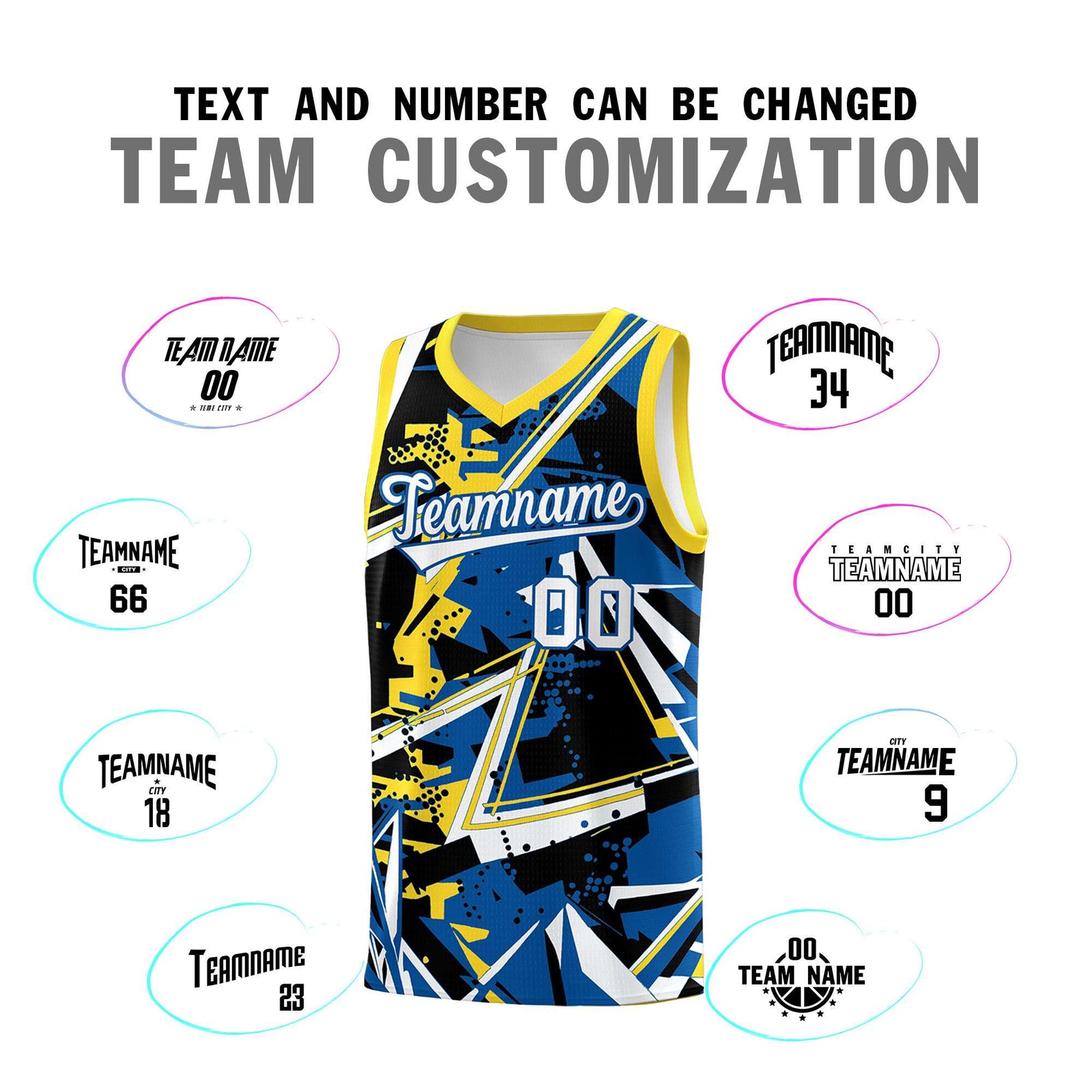 Custom Youth Basketball Jerseys Royal Gold Abstract Graffiti Personalized Team Name & Number