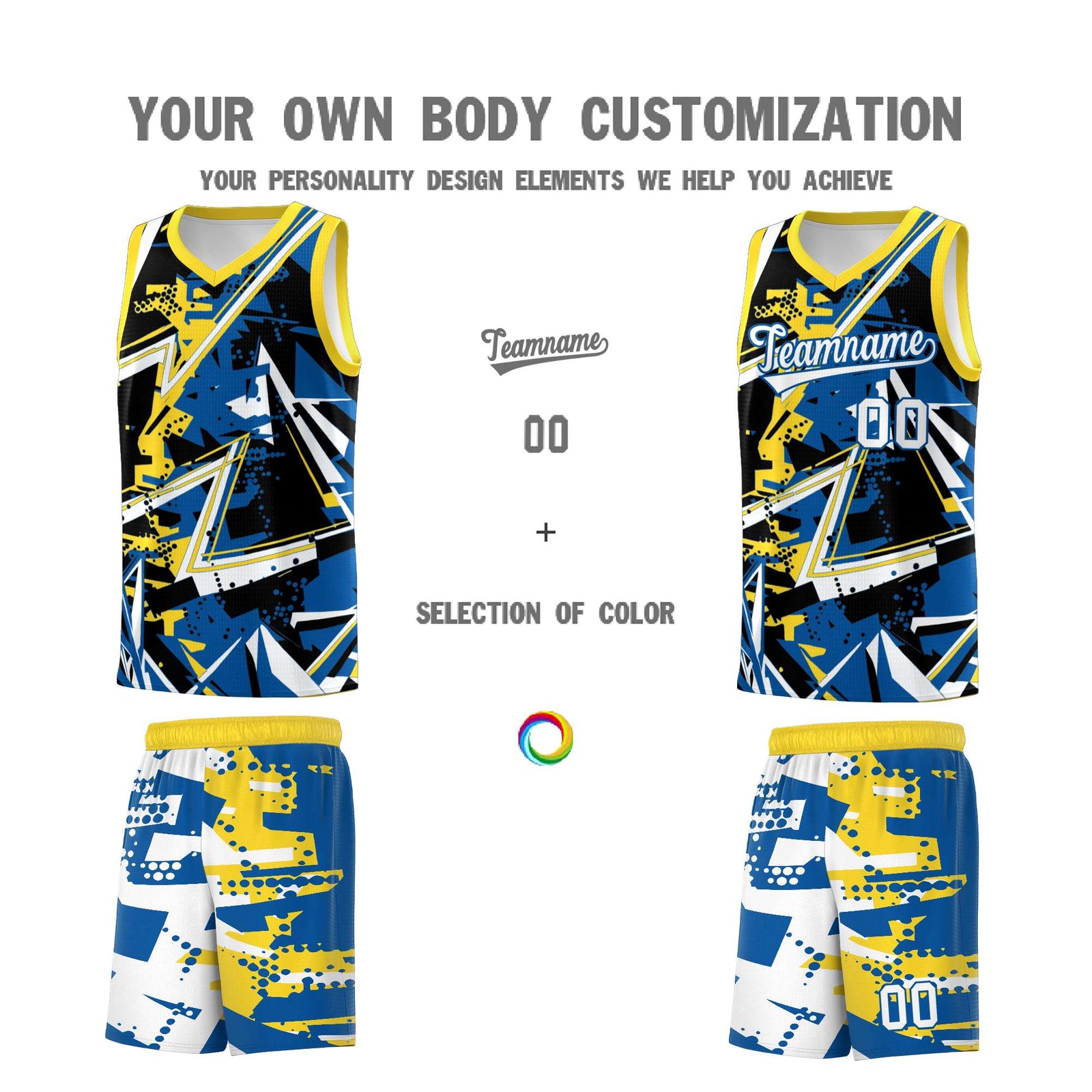 Custom Youth Basketball Jerseys Royal Gold Abstract Graffiti Personalized Team Name & Number