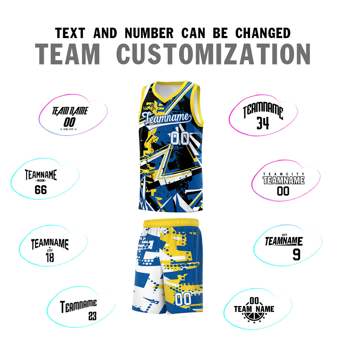 Custom Youth Basketball Jerseys Royal Gold Abstract Graffiti Personalized Team Name & Number