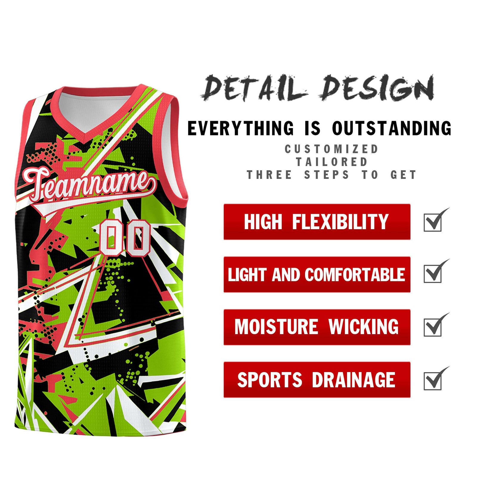 Custom Youth Basketball Jerseys Neon Green Light Red Abstract Graffiti Personalized Street Style Uniform