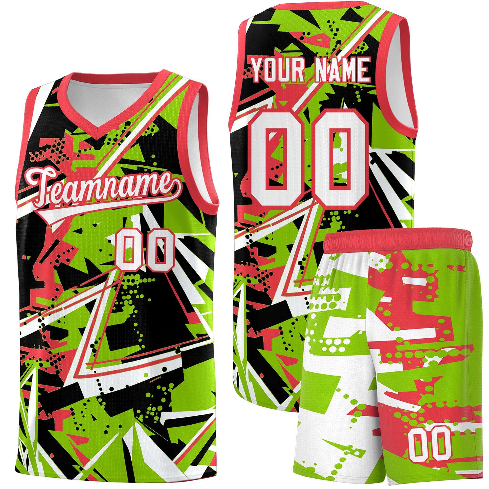 Custom Youth Basketball Jerseys Neon Green Light Red Abstract Graffiti Personalized Street Style Uniform
