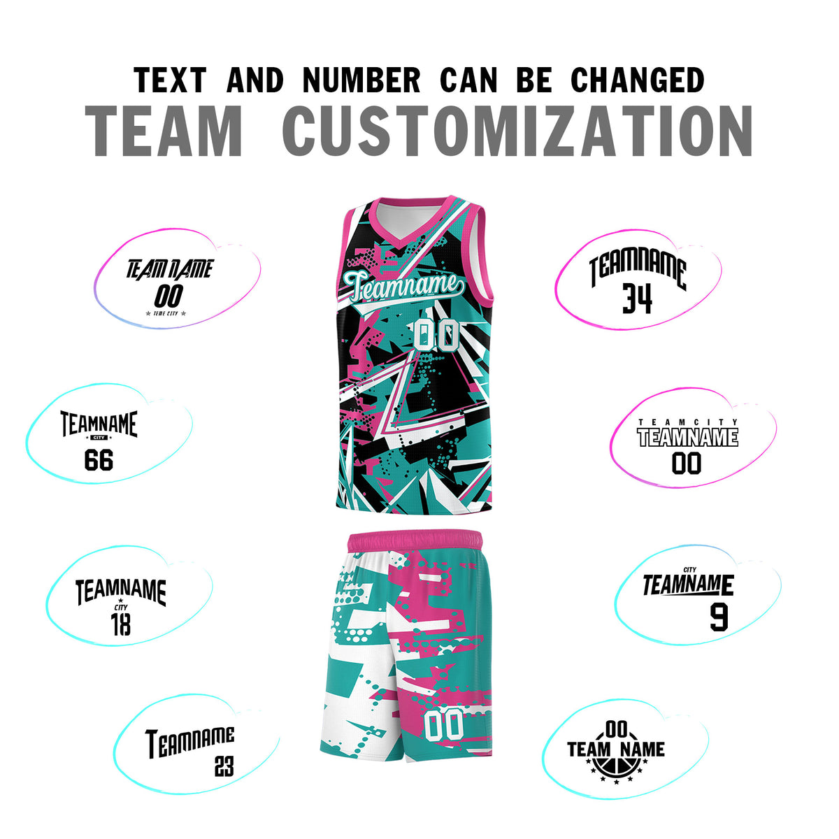Custom Youth Basketball Jerseys Aqua Rose Red Abstract Graffiti Urban Style Personalized Uniform
