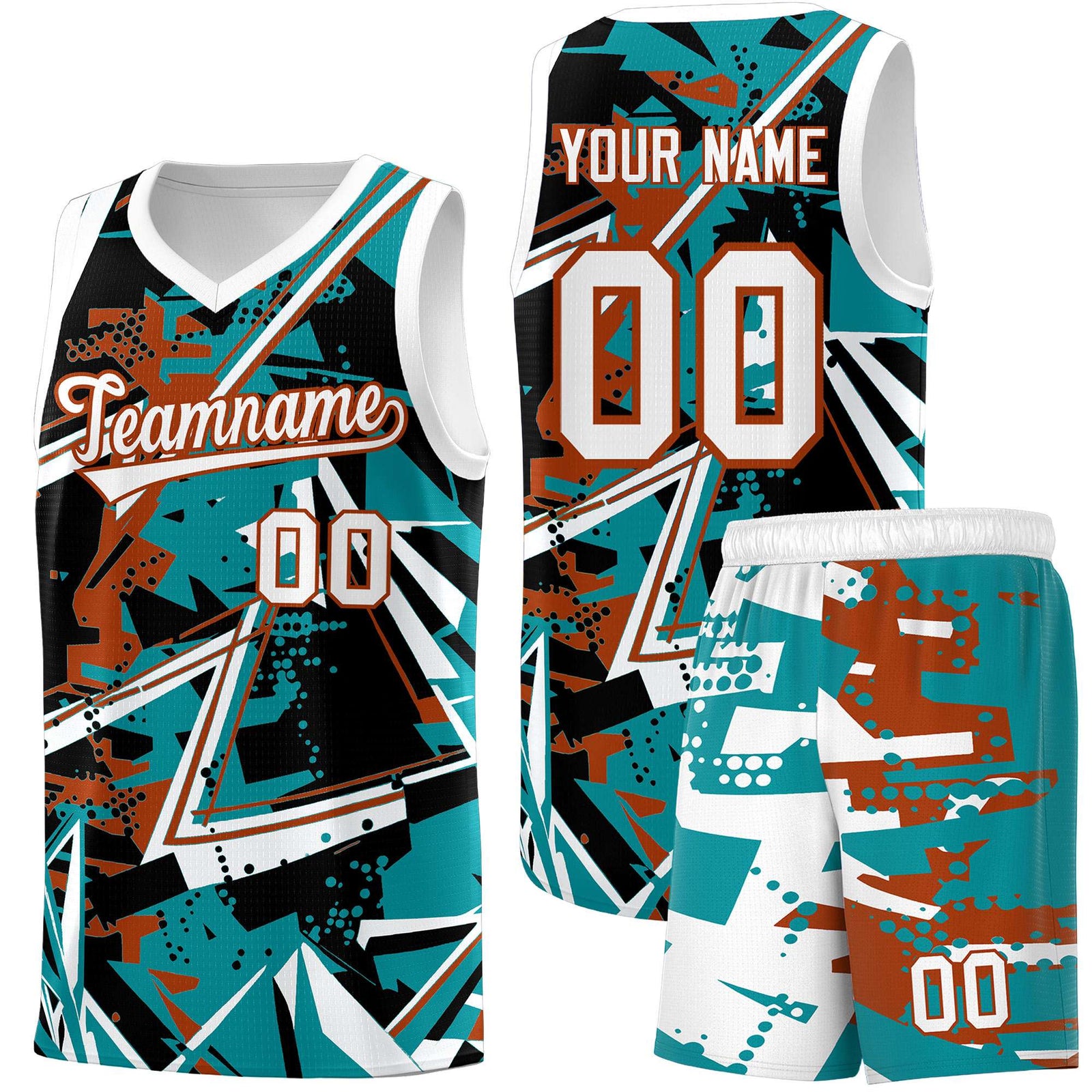 Custom Youth Basketball Jerseys Teal Dark Orange Abstract Graffiti Personalized Street Style Uniform