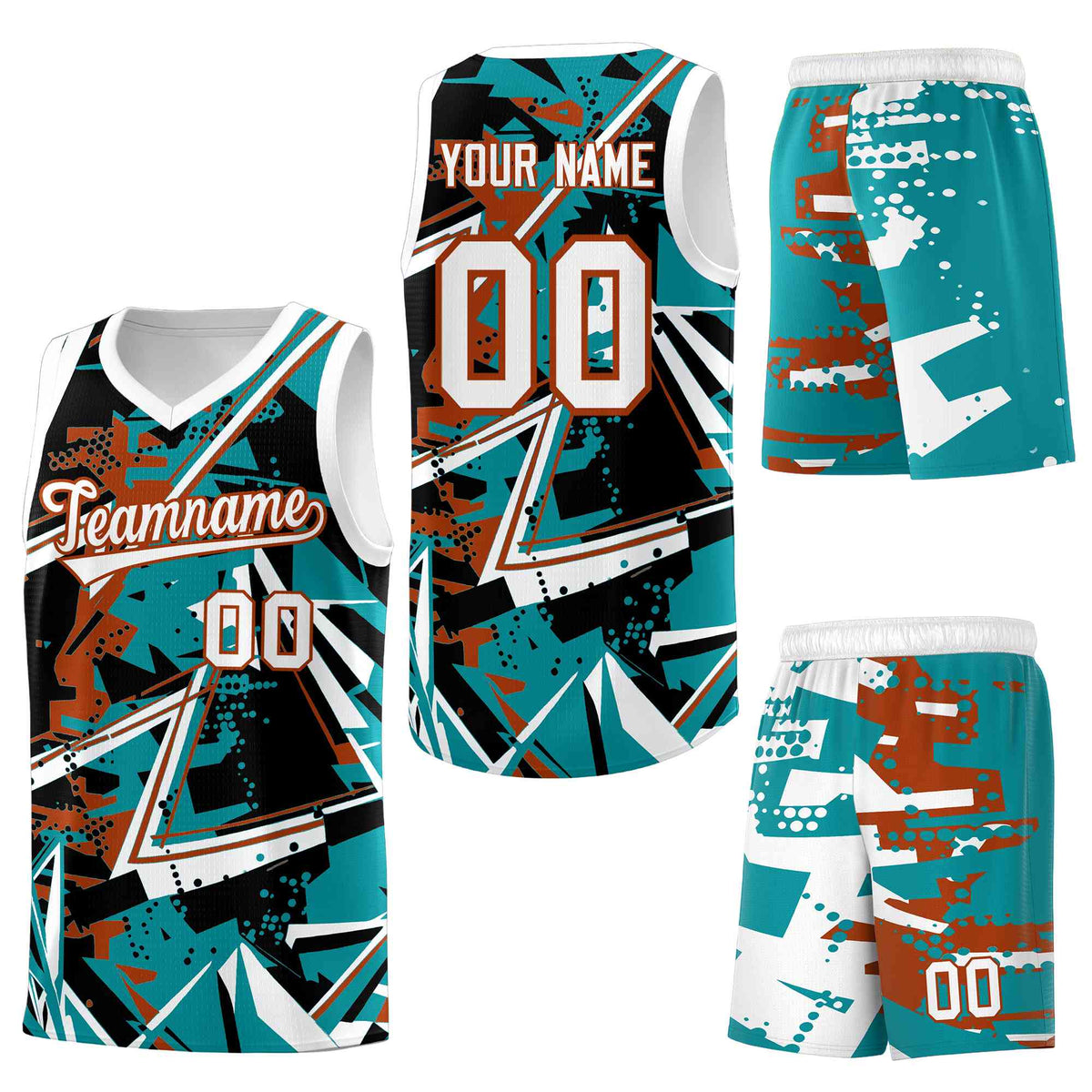 Custom Youth Basketball Jerseys Teal Dark Orange Abstract Graffiti Personalized Street Style Uniform