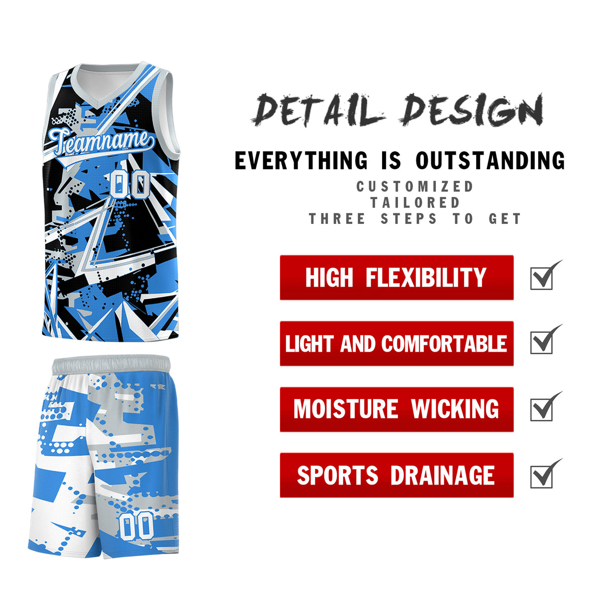 Custom Youth Basketball Jerseys Light Blue Silver Abstract Graffiti Personalized Team Name & Number