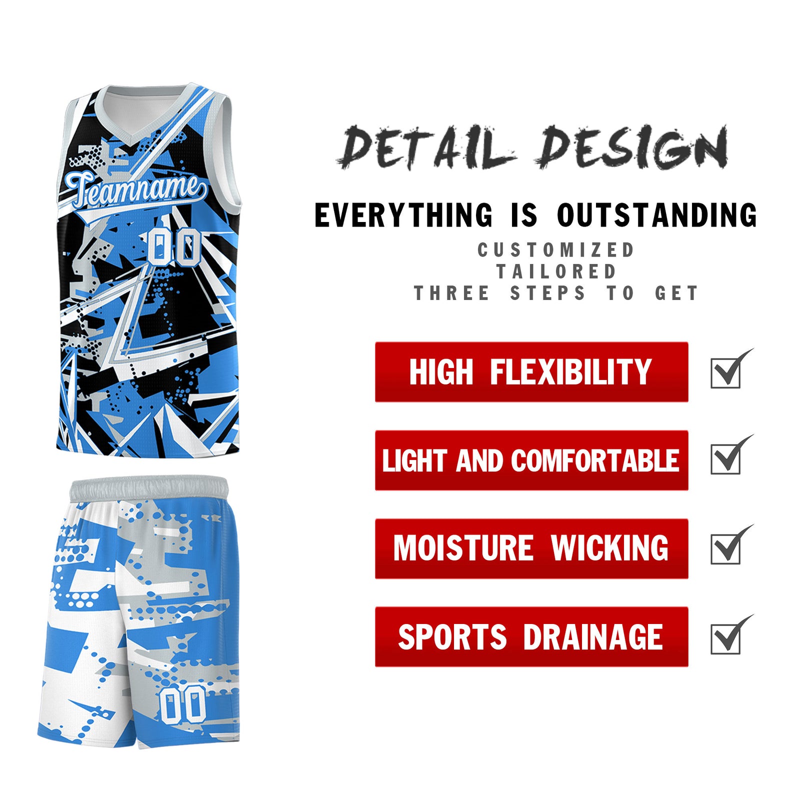 Custom Youth Basketball Jerseys Light Blue Silver Abstract Graffiti Personalized Team Name & Number