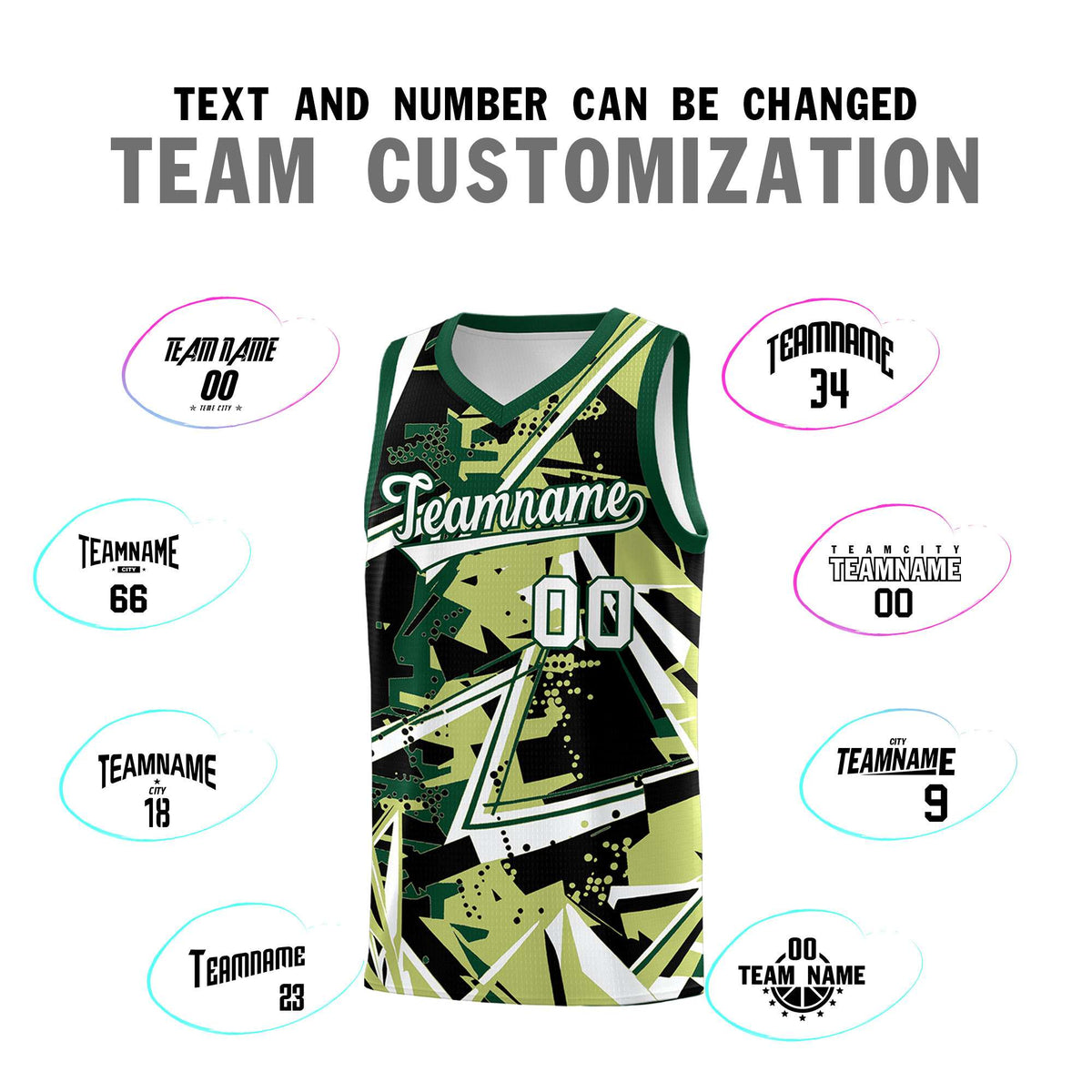 Custom Youth Basketball Jerseys Champagne Kelly Green Abstract Graffiti Urban Style Personalized Uniform