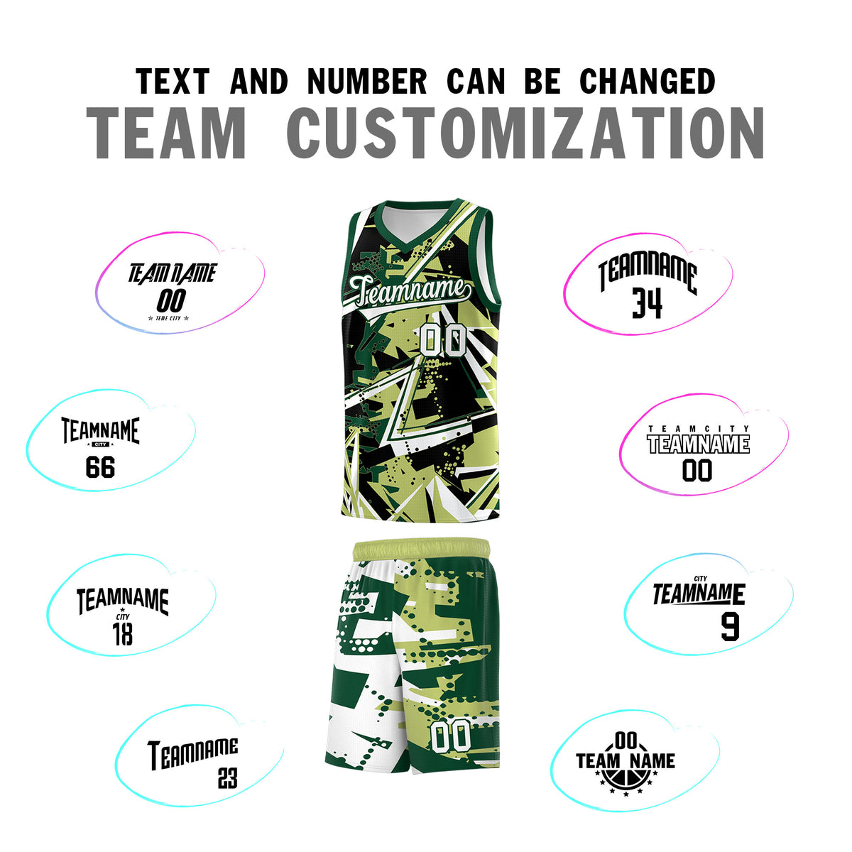 Custom Youth Basketball Jerseys Champagne Kelly Green Abstract Graffiti Urban Style Personalized Uniform