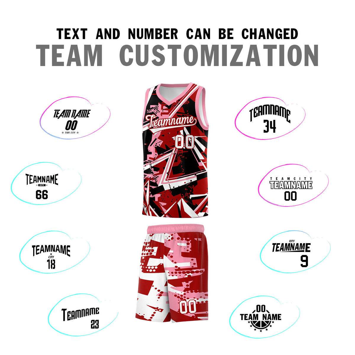 Custom Youth Basketball Jerseys Red Light Pink Abstract Graffiti Personalized Street Style Uniform