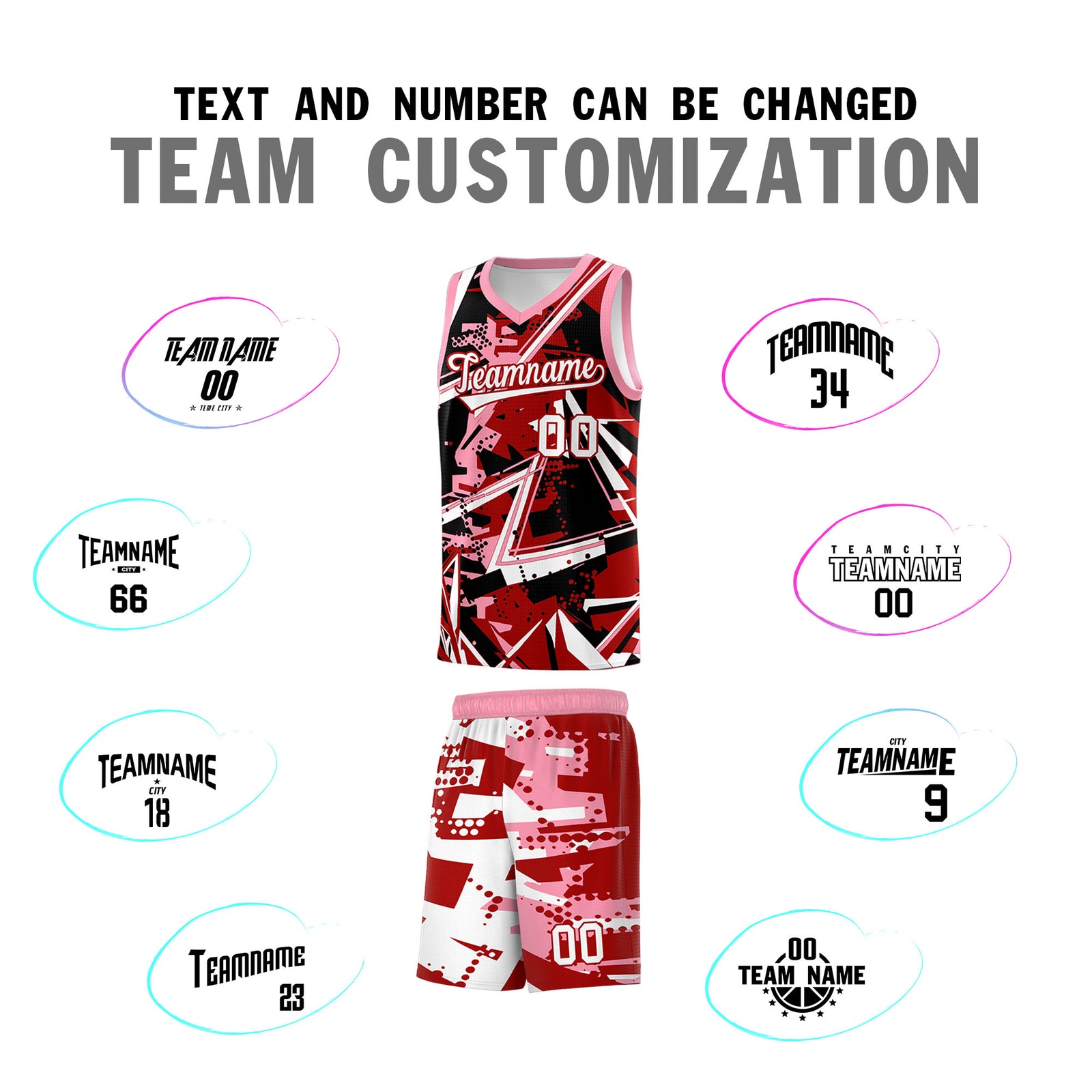 Custom Youth Basketball Jerseys Red Light Pink Abstract Graffiti Personalized Street Style Uniform