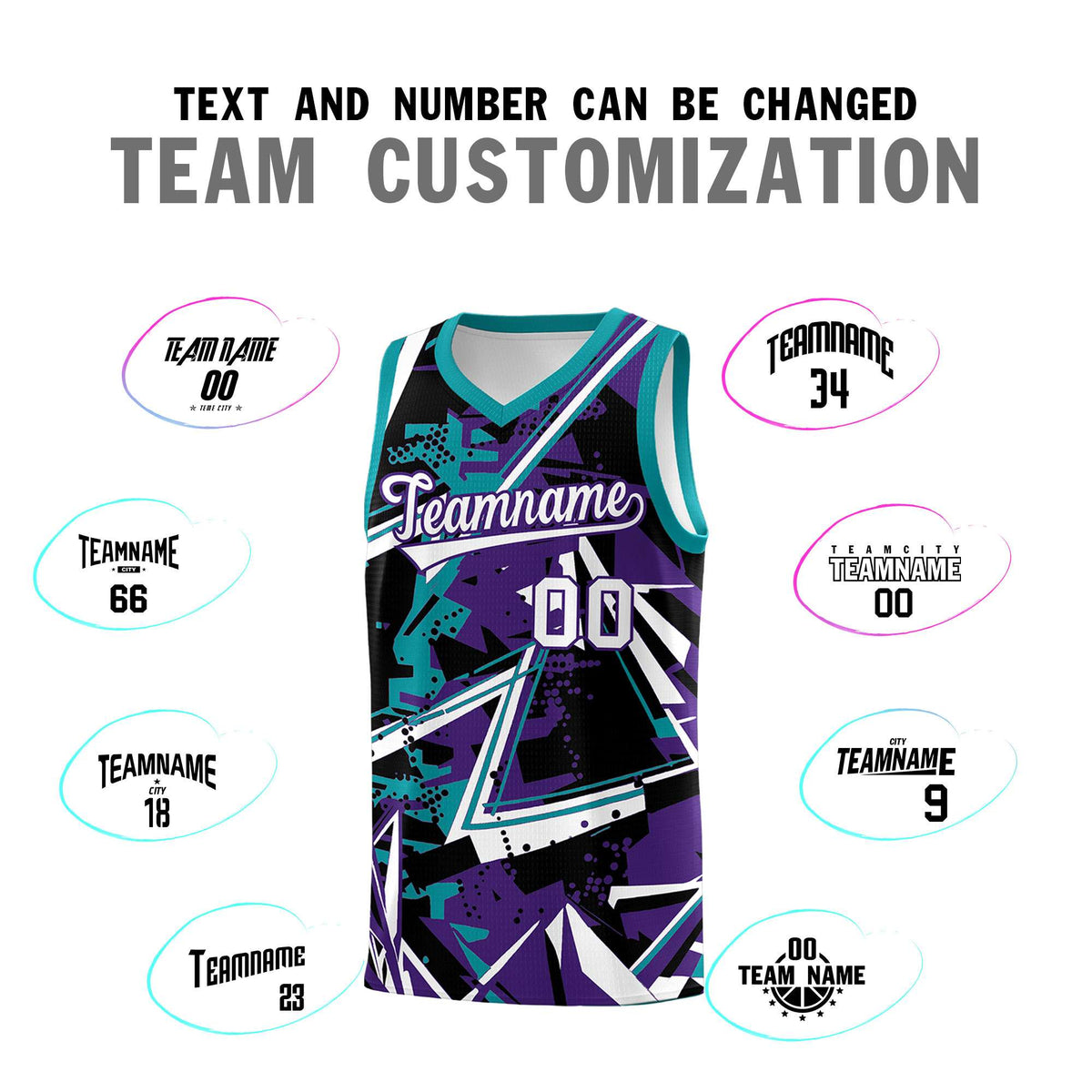 Custom Youth Basketball Jerseys Purple Teal Abstract Graffiti Urban Style Personalized Uniform
