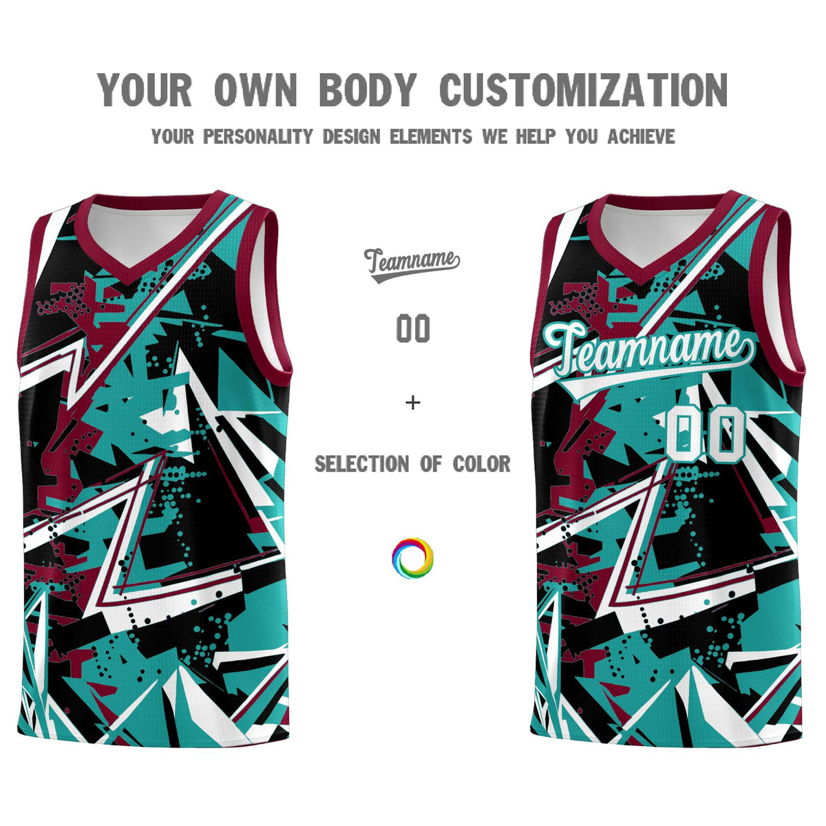 Custom Youth Basketball Jerseys Teal Crimson Abstract Graffiti Personalized Team Name & Number