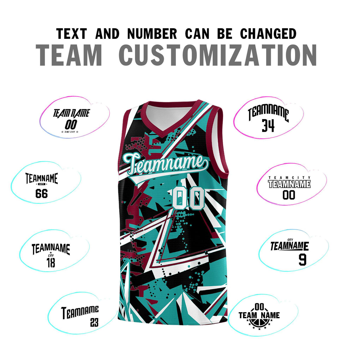 Custom Youth Basketball Jerseys Teal Crimson Abstract Graffiti Personalized Team Name & Number