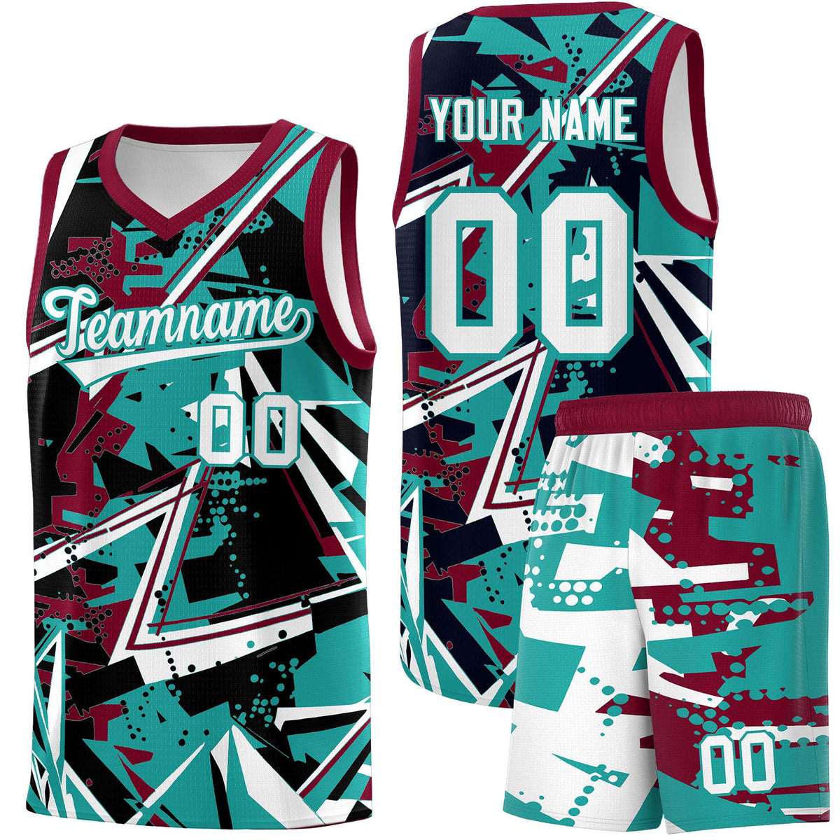 Custom Youth Basketball Jerseys Teal Crimson Abstract Graffiti Personalized Team Name & Number
