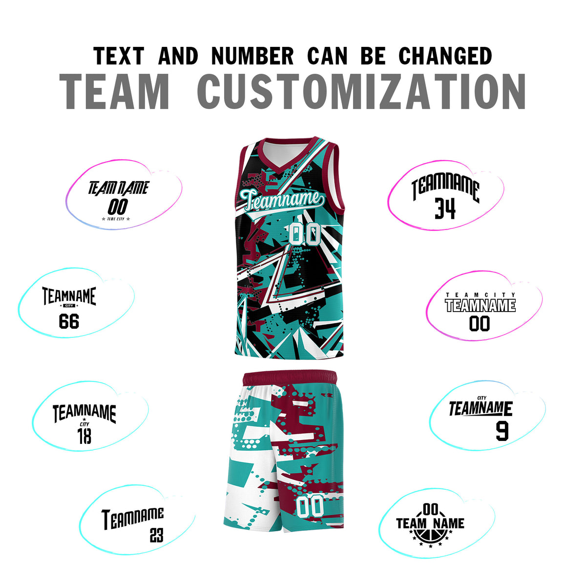 Custom Youth Basketball Jerseys Teal Crimson Abstract Graffiti Personalized Team Name & Number